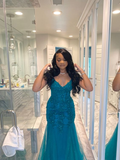 Green Sweetheart Tulle Appliques Mermaid Black Girl Long Prom Dress, HZ0319