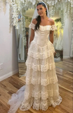 Elegant Ivory Off Shoulder A-Line Lace Tiered Long Wedding Dress, HZ0319