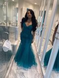 Green Sweetheart Tulle Appliques Mermaid Black Girl Long Prom Dress, HZ0319