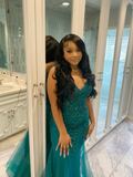 Green Sweetheart Tulle Appliques Mermaid Black Girl Long Prom Dress, HZ0319