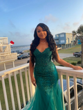 Green Sweetheart Tulle Appliques Mermaid Black Girl Long Prom Dress, HZ0319