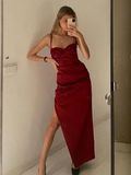 Wine Red Spaghetti Straps Sheath Satin Long Party Dress, HZ0319