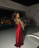 Charming Red Halter Sheath Satin Black Girl Long Party Dress, HZ0319