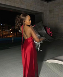Charming Red Halter Sheath Satin Black Girl Long Party Dress, HZ0319