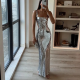 Silver Straps Sequins Sheath Long Party Dress Evening Gown, HZ0319