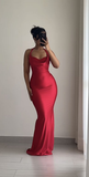 Sexy Red Halter Mermaid Satin Long Party Dress Evening Gown, HZ0319