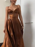 Brown V Neck Straps A-Line Long Satin Prom Dress Evening Gown, HZ0319