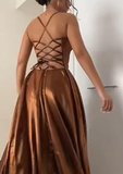 Brown V Neck Straps A-Line Long Satin Prom Dress Evening Gown, HZ0319