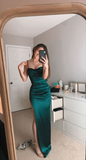 Green Straps Sheath Satin Long Prom Dress Evening Gown, HZ0319