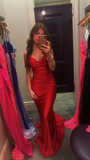Red V Neck Mermaid Satin Long Prom Dress Evening Gown, HZ0319