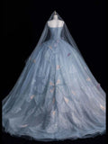 Blue Straps A-Line Floral Appliques Tulle Long Prom Dress Ball Gown, HZ0319