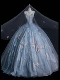 Blue Straps A-Line Floral Appliques Tulle Long Prom Dress Ball Gown, HZ0319