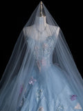 Blue Straps A-Line Floral Appliques Tulle Long Prom Dress Ball Gown, HZ0319