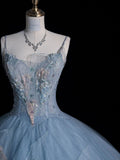 Blue Straps A-Line Floral Appliques Tulle Long Prom Dress Ball Gown, HZ0319