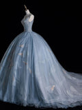 Blue Straps A-Line Floral Appliques Tulle Long Prom Dress Ball Gown, HZ0319