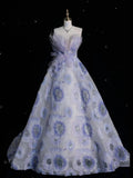 Lilac Strapless A-Line Floral Long Formal Prom Gown Evening Dress, HZ0319