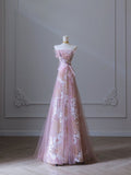 Pink Strapless A-Line Floral Long Formal Prom Gown Evening Dress, HZ0319
