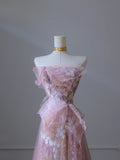 Pink Strapless A-Line Floral Long Formal Prom Gown Evening Dress, HZ0319