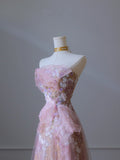 Pink Strapless A-Line Floral Long Formal Prom Gown Evening Dress, HZ0319