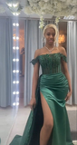 Green Off Shoulder Sheath Satin Black Girl Long Prom Dress, HZ0319