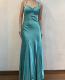 Blue Straps Sheath Satin Vintage Long Prom Dress Evening Gown, HZ0319