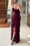 Dark Purple Straps Sheath Ruffles Long Party Dress, HZ0319