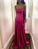 Hot Pink Spaghetti Straps A-Line Satin Long Party Dress, HZ0319