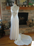 White Spaghetti Straps Beading Satin Vintage Wedding Dress, HZ0319