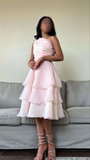 Pink One Shoulder A-Line Chiffon Layers Midi Length Party Dress, HZ0319
