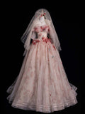 Pink Off Shoulder A-Line Floral Tulle Long Prom Dress Wedding Dress , HZ0319