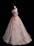 Pink Off Shoulder A-Line Floral Tulle Long Prom Dress Wedding Dress , HZ0319