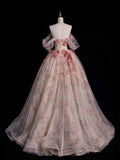 Pink Off Shoulder A-Line Floral Tulle Long Prom Dress Wedding Dress , HZ0319