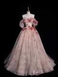 Pink Off Shoulder A-Line Floral Tulle Long Prom Dress Wedding Dress , HZ0319