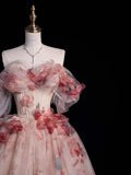Pink Off Shoulder A-Line Floral Tulle Long Prom Dress Wedding Dress , HZ0319