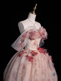 Pink Off Shoulder A-Line Floral Tulle Long Prom Dress Wedding Dress , HZ0319