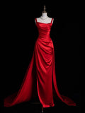 Charming Red Straps Sheath Satin Long Evening Party Dress, HZ0319