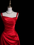 Charming Red Straps Sheath Satin Long Evening Party Dress, HZ0319
