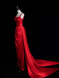 Charming Red Straps Sheath Satin Long Evening Party Dress, HZ0319