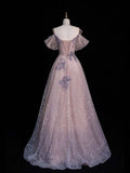 Pink Straps Off Shoulder A-Line Long Formal Prom Dress, HZ0319