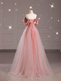 Pink Off Shoulder Tulle A-Line Long Formal Prom Dress, HZ0319