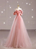Pink Off Shoulder Tulle A-Line Long Formal Prom Dress, HZ0319