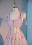 Light Pink Straps A-Line Beading Tulle Long Prom Dress, HZ0319
