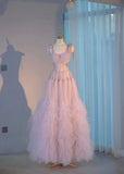 Light Pink Straps A-Line Beading Tulle Long Prom Dress, HZ0319
