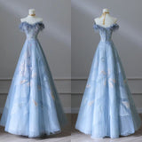 Blue Off Shoulder A-Line Floral Tulle Long Prom Dress, HZ0319