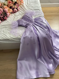 Lilac A-Line Satin Beading Long Formal Prom Dress with Long Sleeves, HZ0319