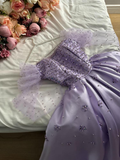 Lilac A-Line Satin Beading Long Formal Prom Dress with Long Sleeves, HZ0319