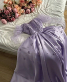 Lilac A-Line Satin Beading Long Formal Prom Dress with Long Sleeves, HZ0319