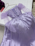 Lilac A-Line Satin Beading Long Formal Prom Dress with Long Sleeves, HZ0319