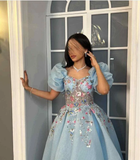 Blue A-Line Chiffon Appliques Princess Long Party Dress, HZ0319