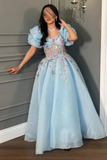 Blue A-Line Chiffon Appliques Princess Long Party Dress, HZ0319